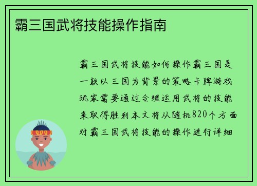 霸三国武将技能操作指南